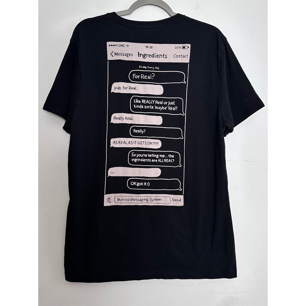 Chipotle Black Organic Cotton Graphic T-Shirt Unisex LG Burrito Text Message
